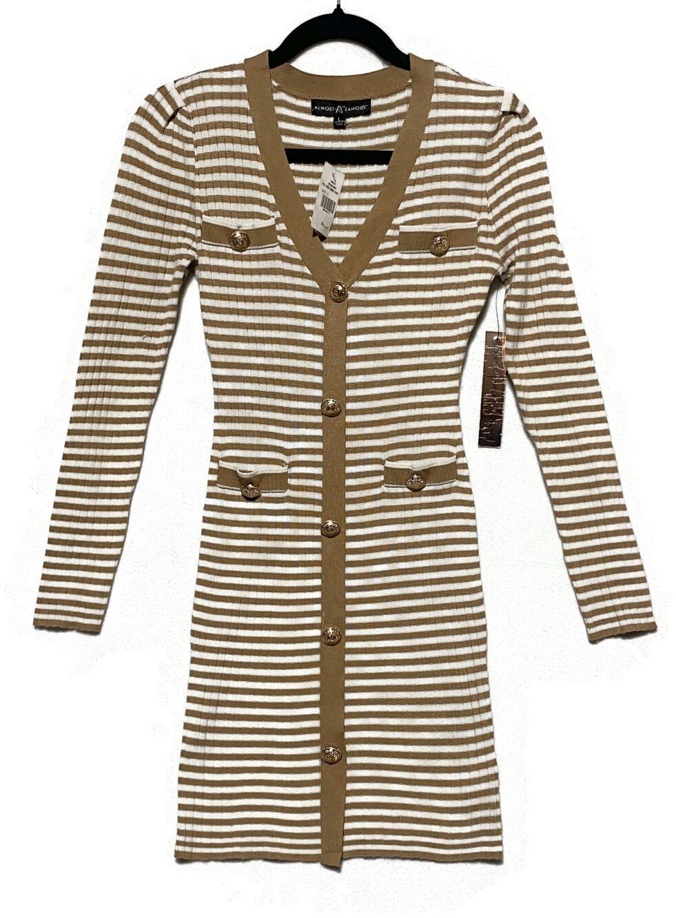 Almost Famous Youth Girls Large Ribbed Cardigan Sweater Dress Brown White NWT